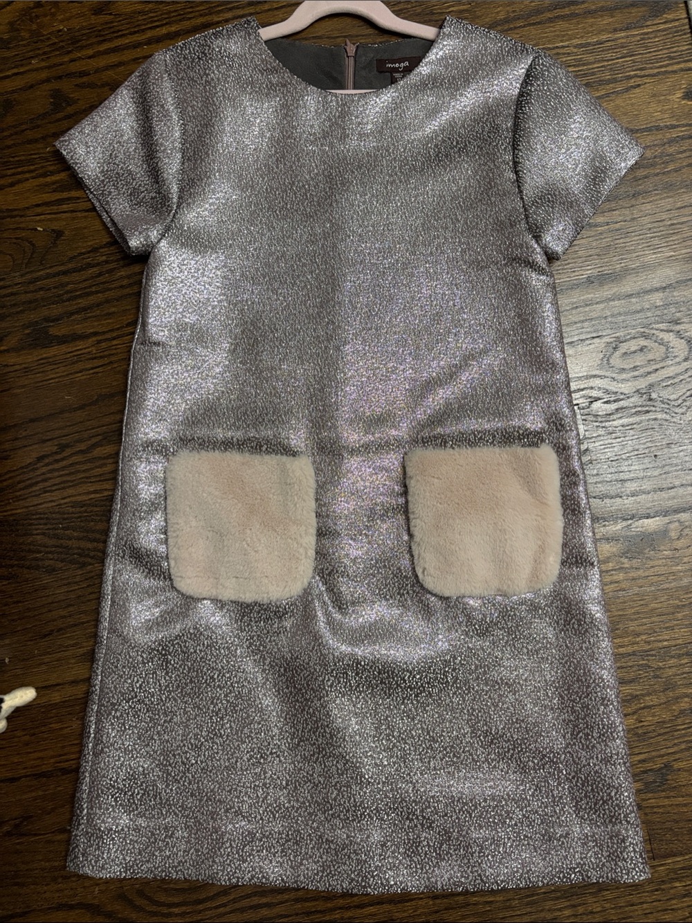 Imoga Silver Metallic Shift Dress with Cream Faux-Fur Pockets